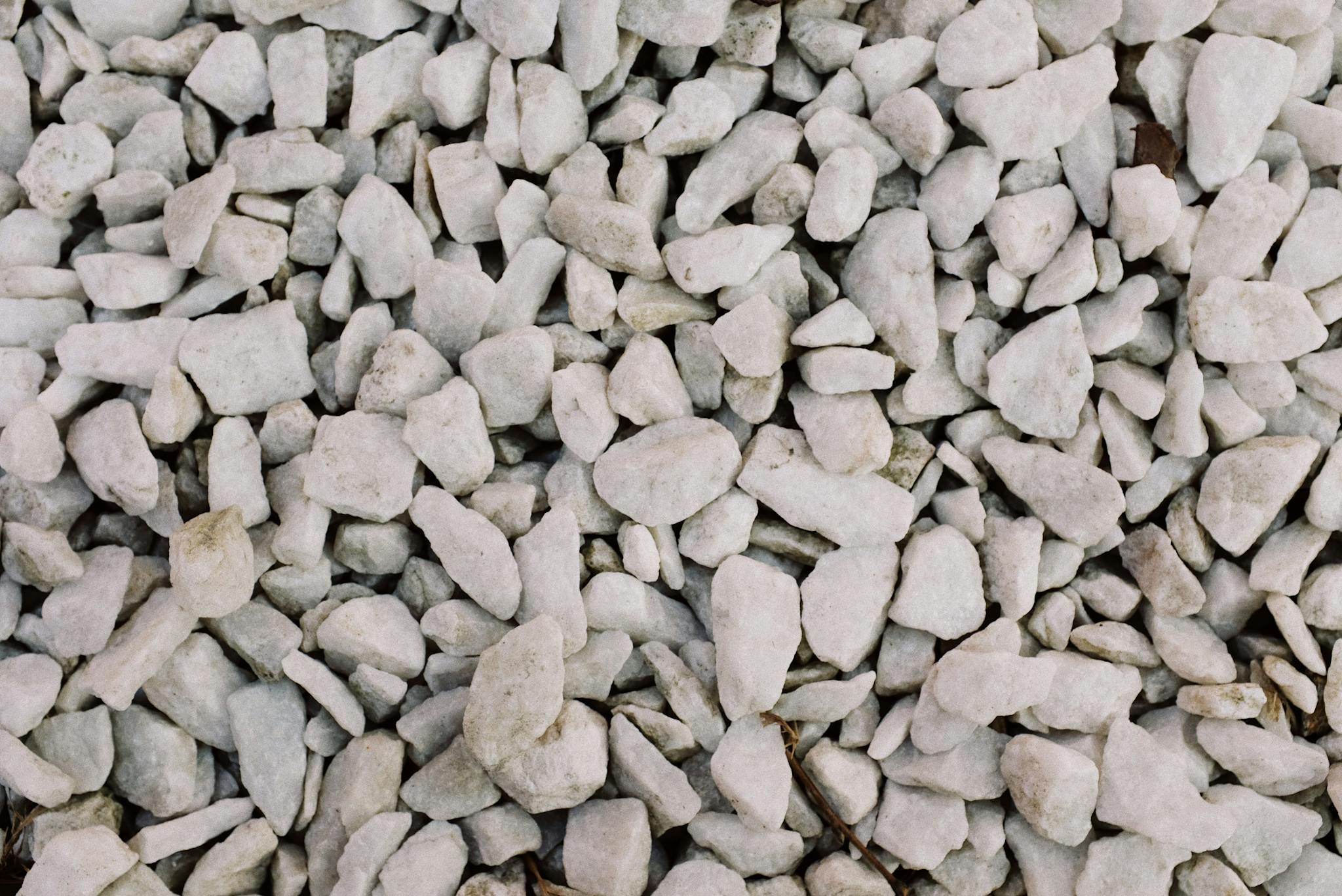A detailed close-up of white gravel stones showcasing a rough, textured surface.